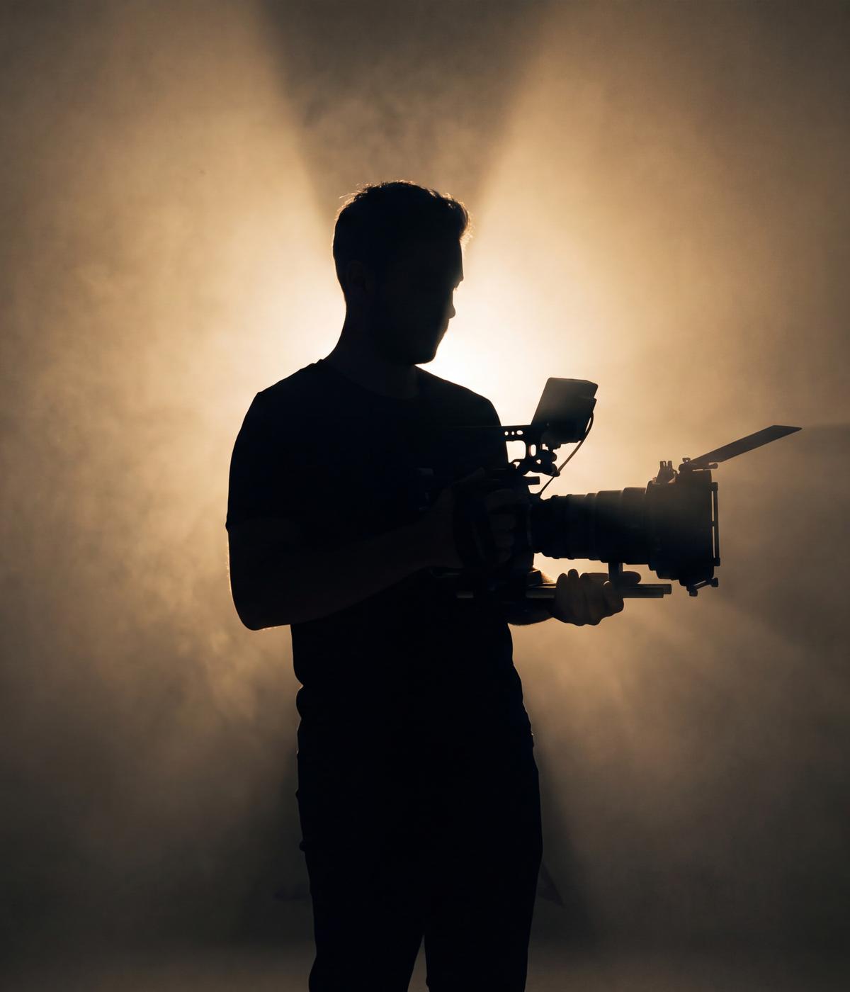 Videograf im Gegenlicht mit professioneller Kamera